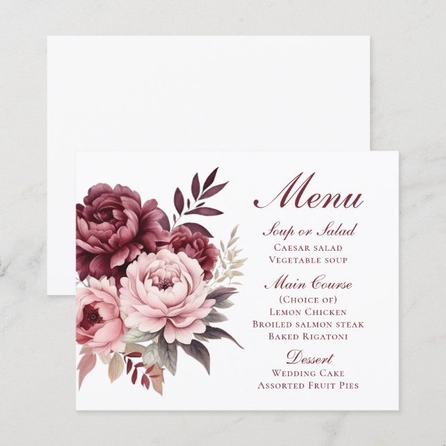 Elégant Peony Bourgogne Floral Menu Mariage (Devant / Derrière)