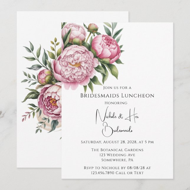 Elegant Peony Floral Bridesmaids Luncheon Einladung (Vorne/Hinten)