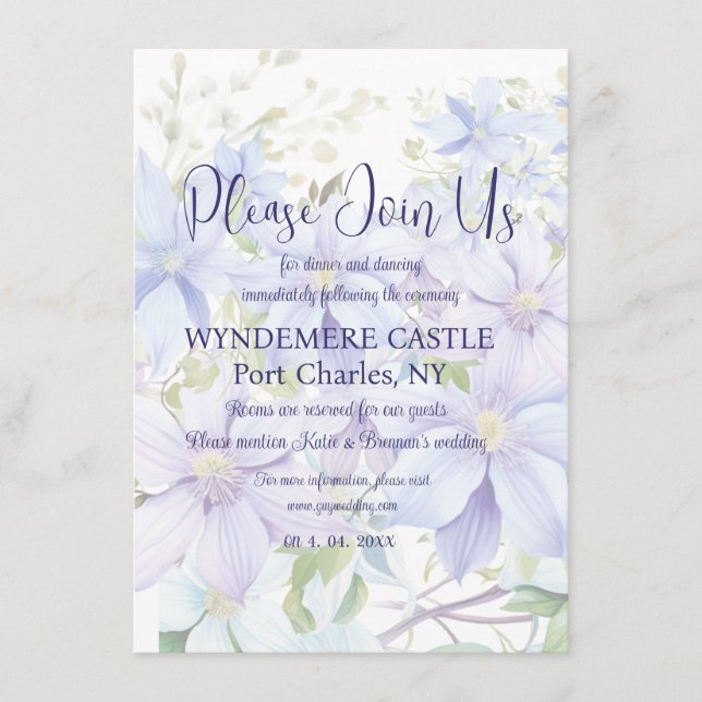 Elegant Periwinkle Clematis QR Code Wedding Begleitkarte (Vorderseite)