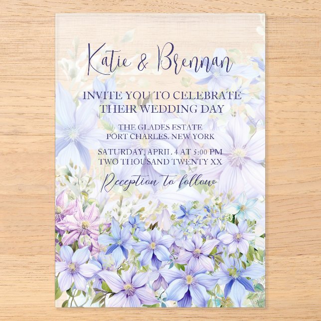 Elegant Periwinkle Clematis Wedding Acryleinladungen (Vorderseite)