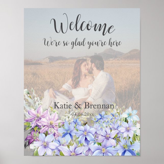 Elegant Periwinkle Clematis Wedding Welcome Foto Poster (Vorne)