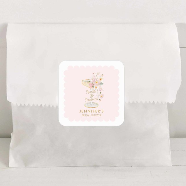 Élégant Perles et Autocollant de Réception de Mari (Pink Pearls and Prosecco Favor Sticker)