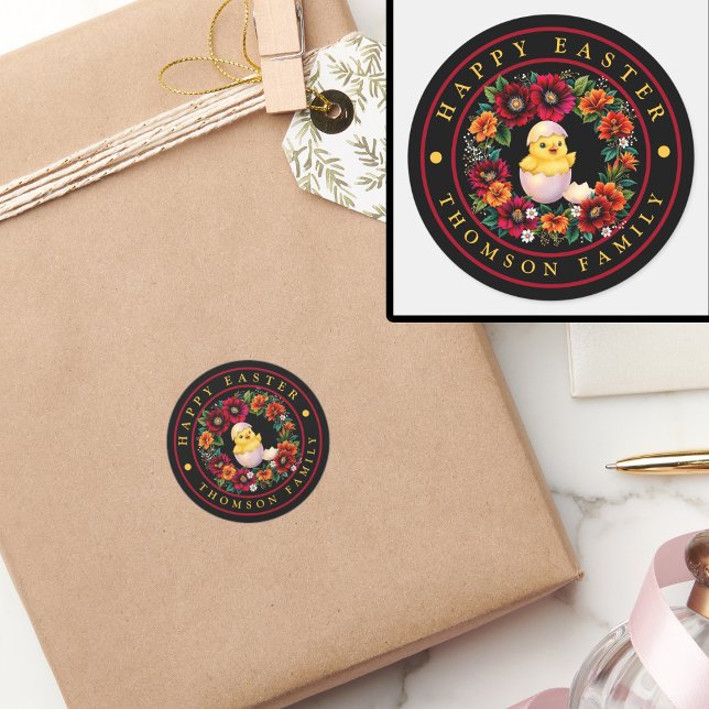 Elegant Personalisiert Happy Oaster Chick und Flor Runder Aufkleber (Von Creator hochgeladen)