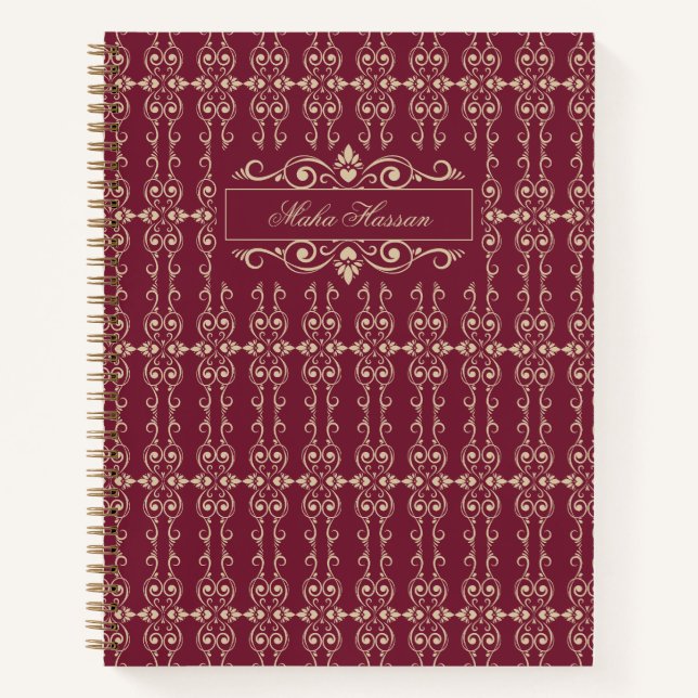 Elegant Personalized Burgundy & Gold Floral Swirl  Notizbuch (Vorderseite)