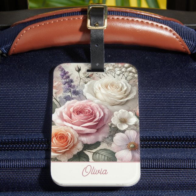 Elegant Personalized Pink Purple Watercolor Floral Gepäckanhänger (Vorderseite Insitu 2)