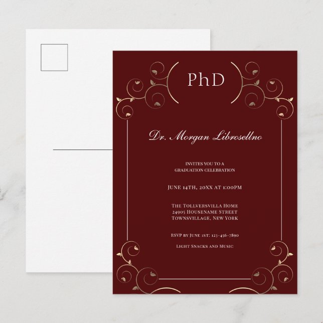 Elegant PhD Gold Burgundy Einladungspostkarte (Vorne/Hinten)