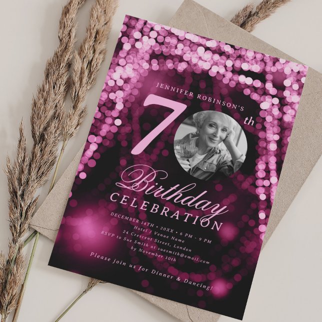 Elegant Photo 70th Birthday Hot Pink Glam Lights Einladung (Elegant Photo 70th Birthday Hot Pink Glam Lights Invitation)