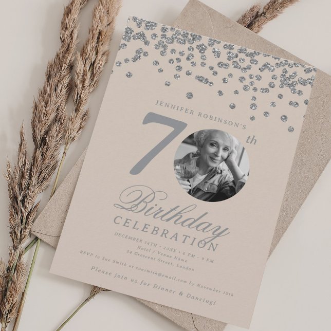 Elegant Photo 70th Birthday Silver Champagne Einladung (Elegant Photo 70th Birthday Silver Champagne Invitation)