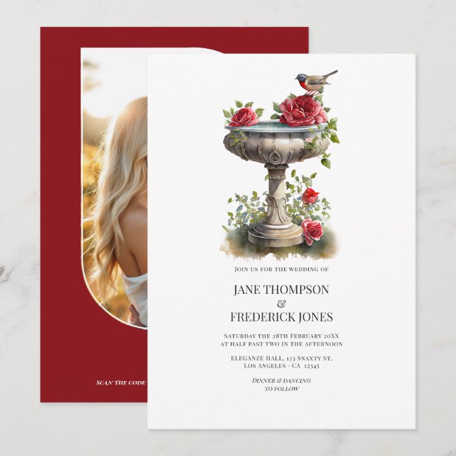Elegant Photo and QR Code Garden Wedding Einladung (Vorne/Hinten)
