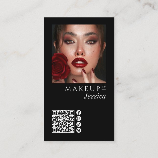 Elegant Photo Black QR Code Social Icons Makeup Visitenkarte (Vorderseite)