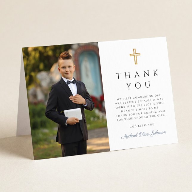 Elegant Photo Boy First Communion Folded Dankeskarte (Elegant Photo Boy First Communion Folded Thank You Card)