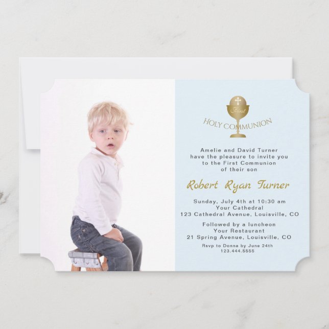 Elegant Photo Boy Gold Chalice Holy Communion Einladung (Vorderseite)