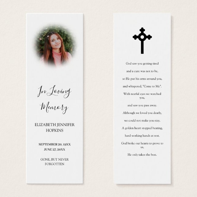 Elegant Photo Funeral Memorial Poem Bookmark Card (Vorne & Hinten)