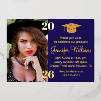 elegant photo graduation 2026 blue & gold party  folieneinladung