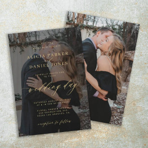 Elegant photo overlay faux gold black wedding einladung