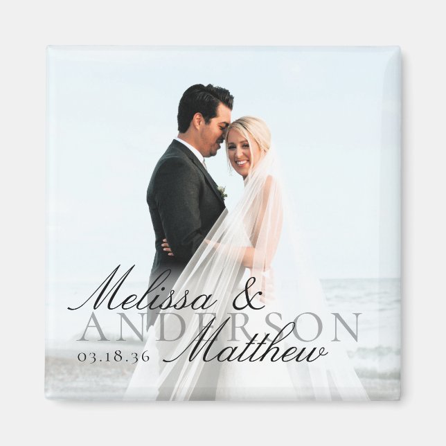 Elegant Photo Script Date Names Wedding Favor Magnet (Vorne)
