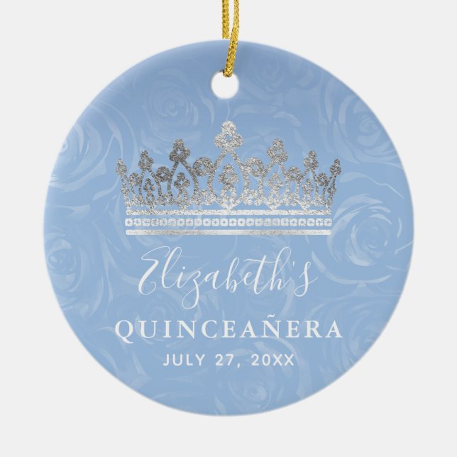 Elegant Photo Silver Light Baby Blue Quinceanera Keramik Ornament (Vorne)