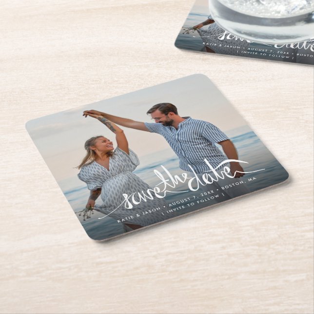 Elegant Photo Unique Wedding Save the Date Rechteckiger Pappuntersetzer (angewinkelt)