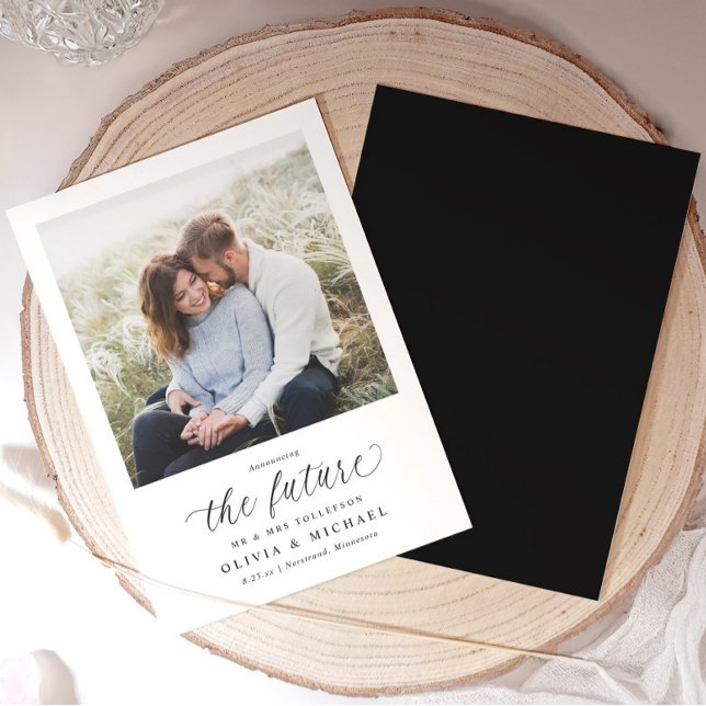 Elegant Photo Wedding Engagement Announcement Einladung (Elegant black and white engagement announcement with minimalist script and stylish calligraphy.)