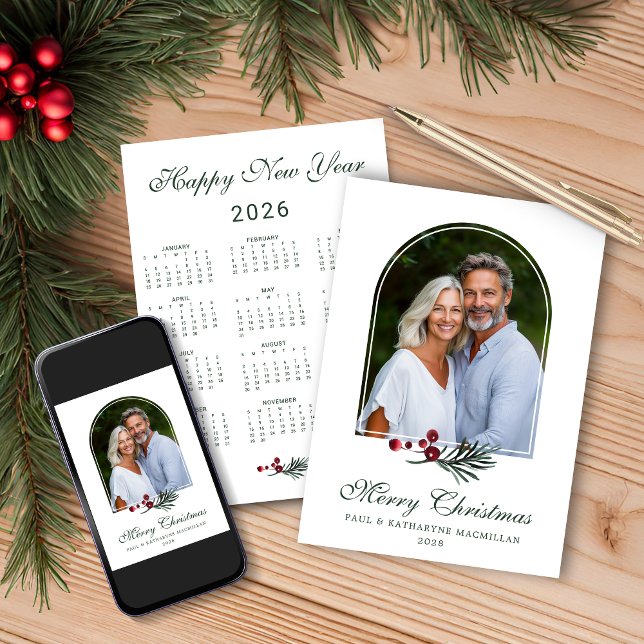 Elegant Pine Arch Weihnachten 2026 Foto Kalender (Elegant Pine Arch Christmas 2026 Photo Calendar Holiday Card with Instant Download)
