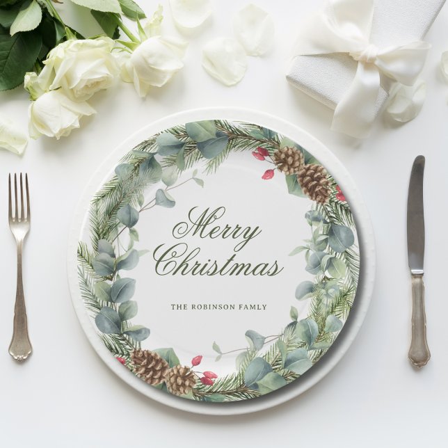 Elegant Pine Wreath Greenery Frohe Weihnachten Pappteller (Von Creator hochgeladen)