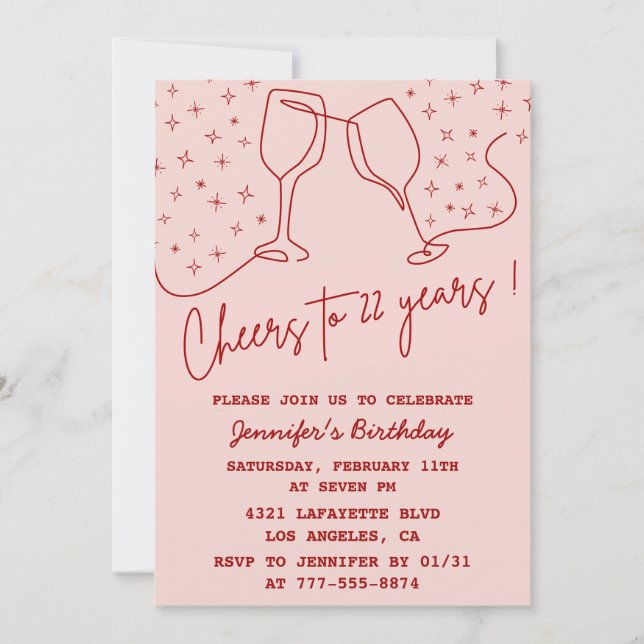 Elegant Pink 22e anniversaire invitations Cheers (Devant)