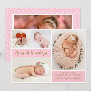 Elegant Pink 4 Photo Collage Faire-part de naissan