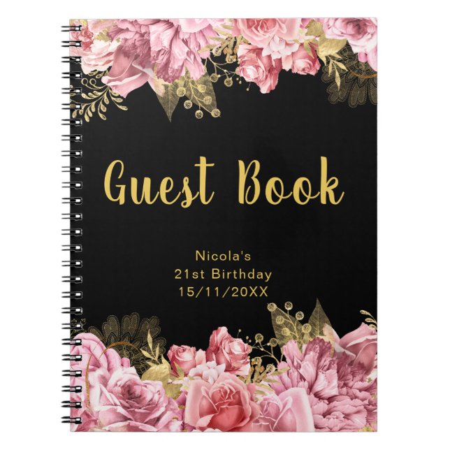 Elegant Pink and Gold Flowers Birthday Guest Book Notizblock (Vorderseite)