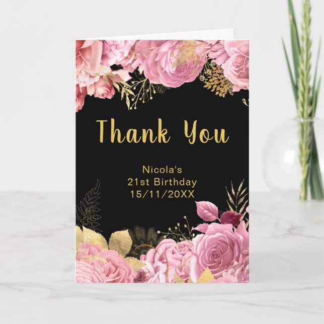 Elegant Pink and Gold Flowers Birthday Party Dankeskarte (Vorderseite)