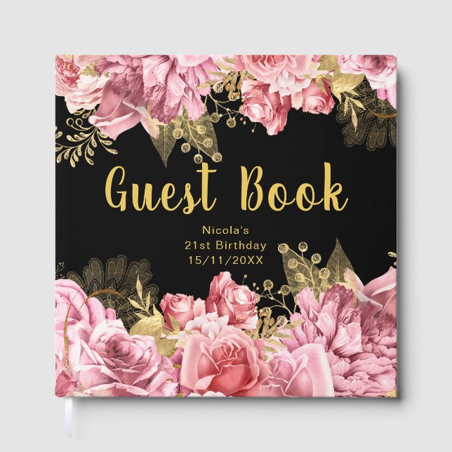 Elegant Pink and Gold Flowers Birthday Party Gästebuch (Vorderseite)