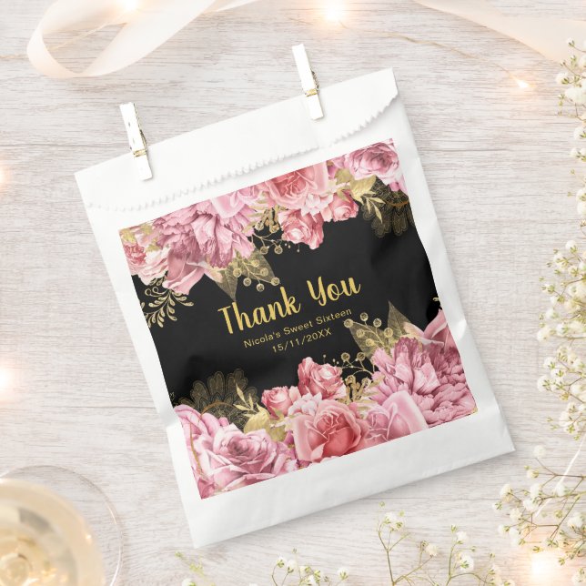 Elegant Pink and Gold Flowers Birthday Party Geschenktütchen (Ausgeschnitten)