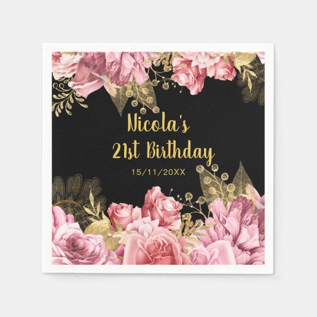 Elegant Pink and Gold Flowers Birthday Party Serviette (Vorderseite)