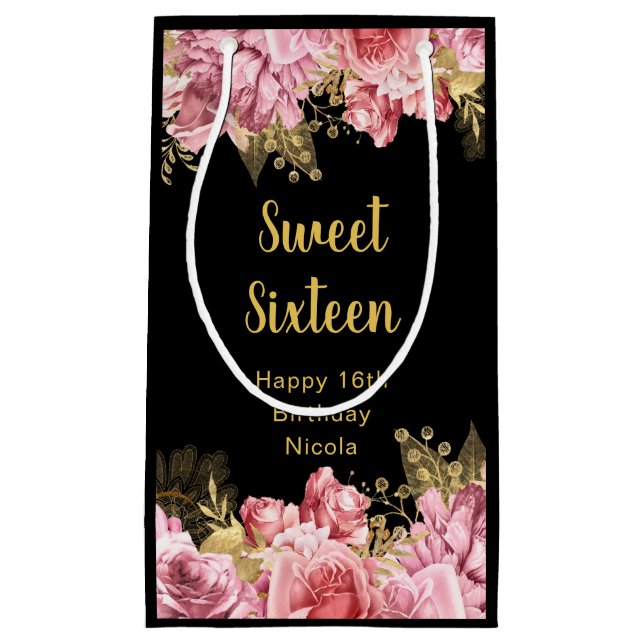 Elegant Pink and Gold Flowers Sweet Sixteen  Kleine Geschenktüte (Vorderseite)