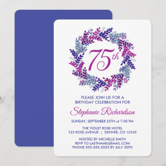 Elegant Pink and Purple Wreath 75th Birthday Einladung