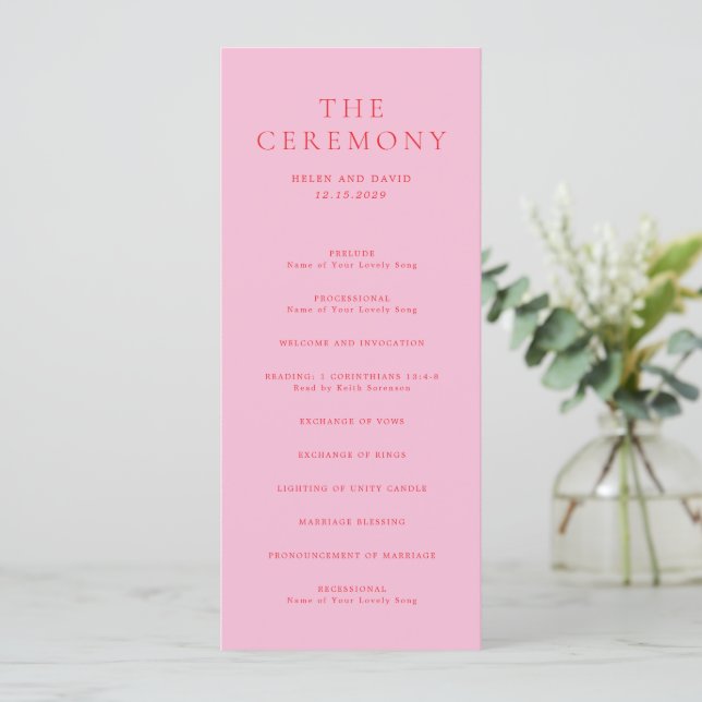 Elegant Pink and Red Classic Wedding Programm (Stehend Vorderseite)