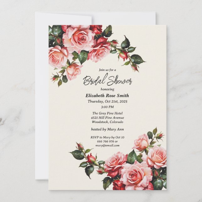 Elegant pink and red roses floral wedding  einladung (Vorderseite)