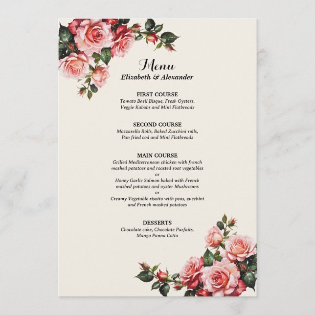 Elegant pink and red roses floral wedding menükarte (Vorderseite)