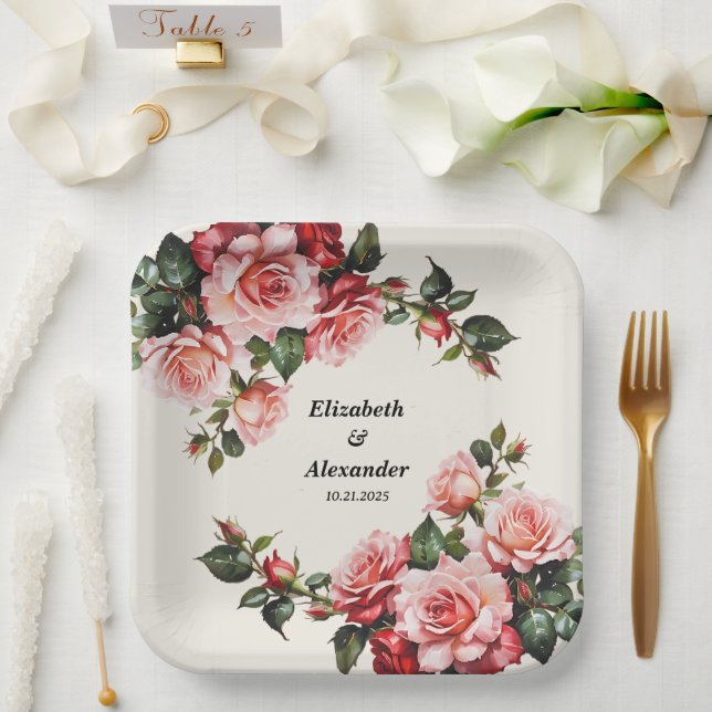 Elegant pink and red roses floral wedding  pappteller (Hochzeit)