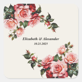 Elegant pink and red roses floral wedding  quadratischer aufkleber