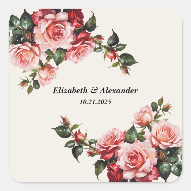 Elegant pink and red roses floral wedding  quadratischer aufkleber (Vorderseite)