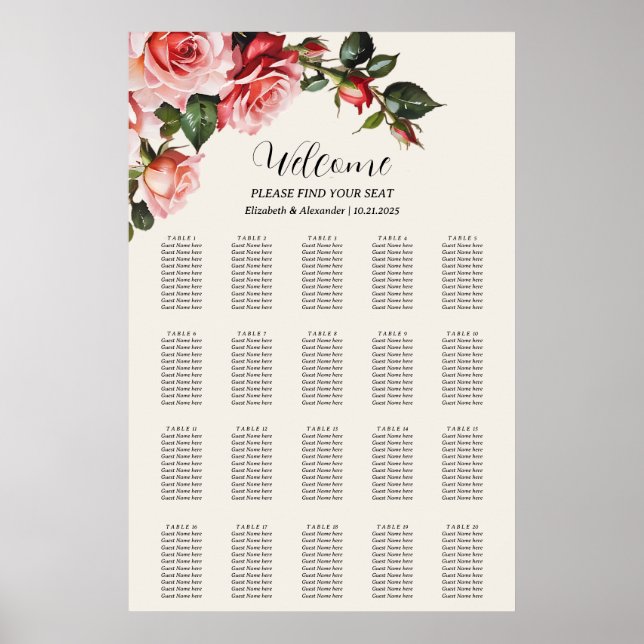 Elegant pink and red roses wedding seating chart poster (Vorne)