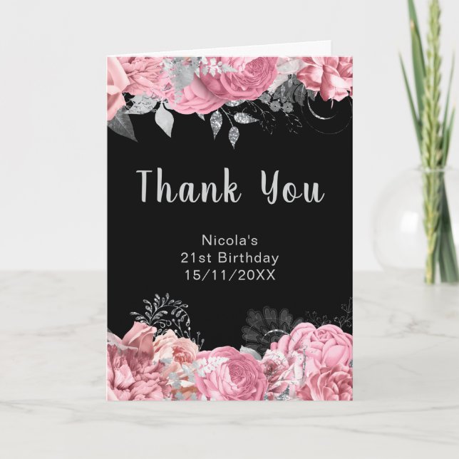 Elegant Pink and Silver Flowers Birthday Party Dankeskarte (Vorderseite)