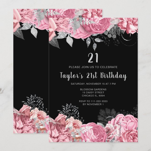 Elegant Pink and Silver Flowers Birthday Party Einladung (Vorne/Hinten)