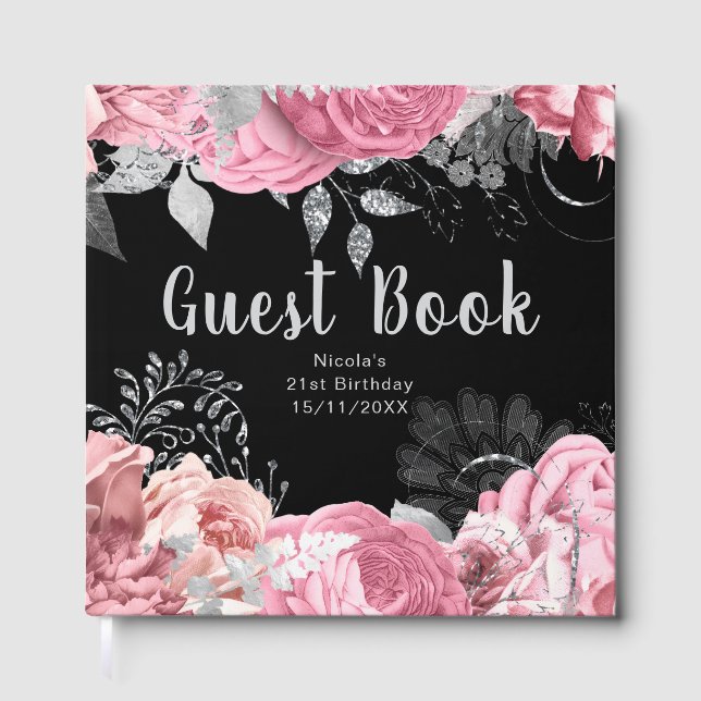 Elegant Pink and Silver Flowers Birthday Party Gästebuch (Vorderseite)