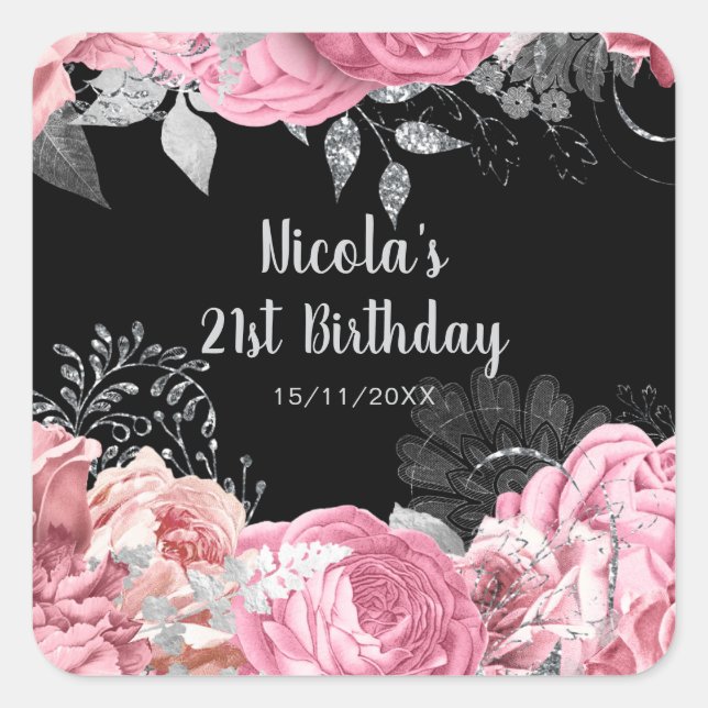 Elegant Pink and Silver Flowers Birthday Party Quadratischer Aufkleber (Vorderseite)