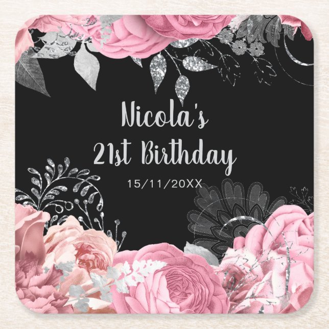 Elegant Pink and Silver Flowers Birthday Party  Rechteckiger Pappuntersetzer (Vorderseite)