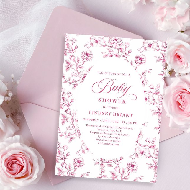 Elegant Pink and White Rose Pattern Baby Shower   Einladung (Elegant Pink and White Rose Pattern Baby Shower Invite)