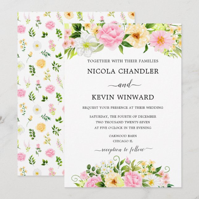 Elegant Pink and Yellow Floral Wedding Einladung (Vorne/Hinten)
