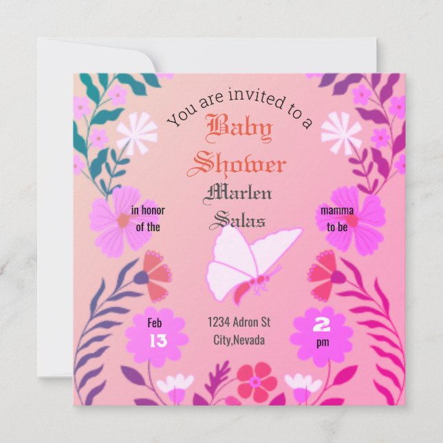 Elegant pink baby shower, butterflies and flowers  einladung (Vorderseite)
