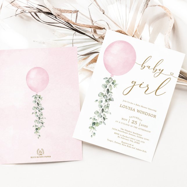 Elegant Pink Balloon Eucalyptus Girl Baby Shower Einladung (Von Creator hochgeladen)